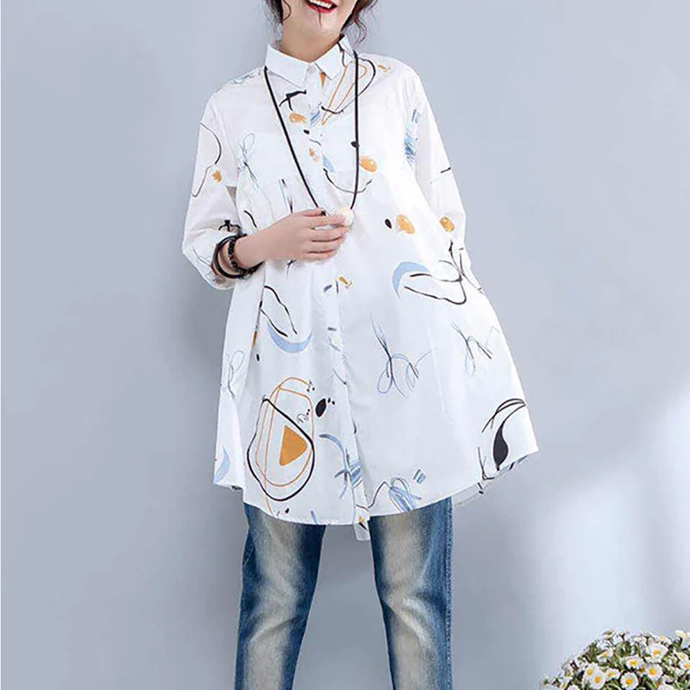 BUYKUD White Cotton Tunic Button Down Top Abstract Artsy Print Flowy Fit Medium